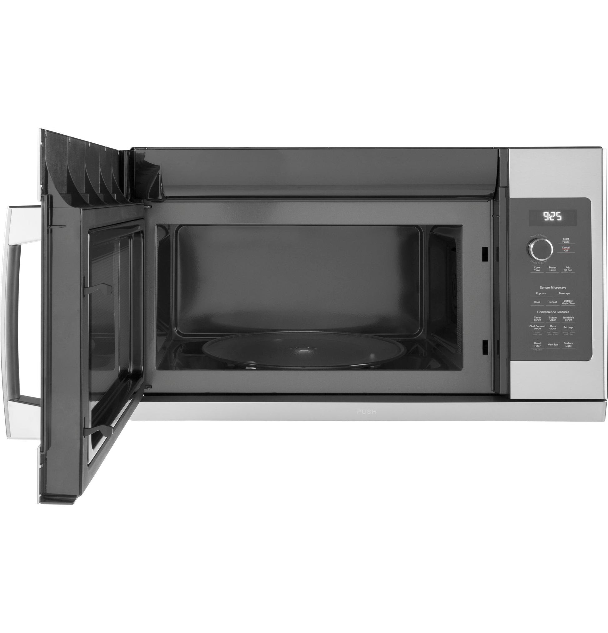 Open stainless steel over-the-range microwave oven showing interior and digital control panel in kitchen appliances collection