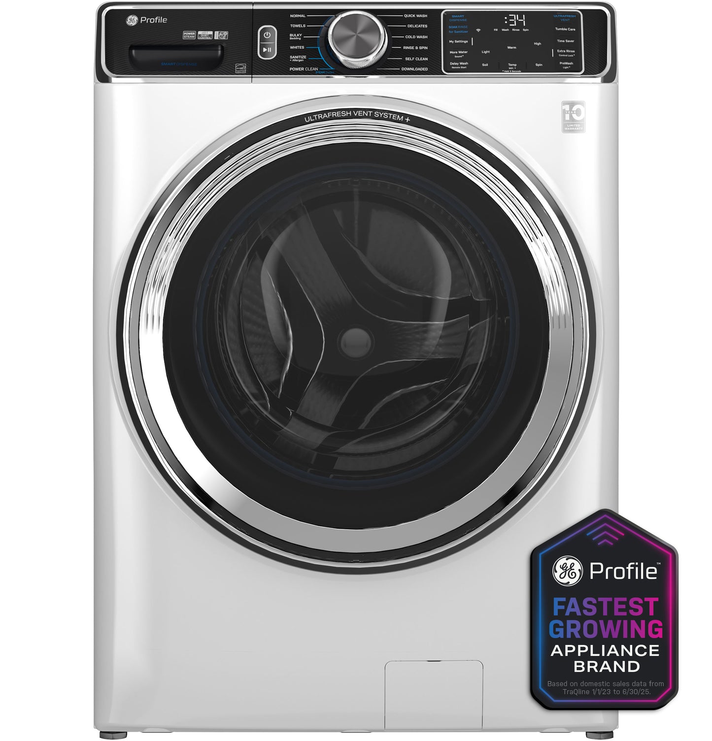 Front-load white washer with digital control panel and UltraFresh™ Vent System, featured in Washers and Appliances collections