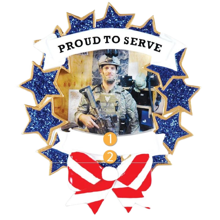 Military-themed Christmas ornament with glittery blue stars and patriotic red bow for Christmas tree decorations under $50 collection