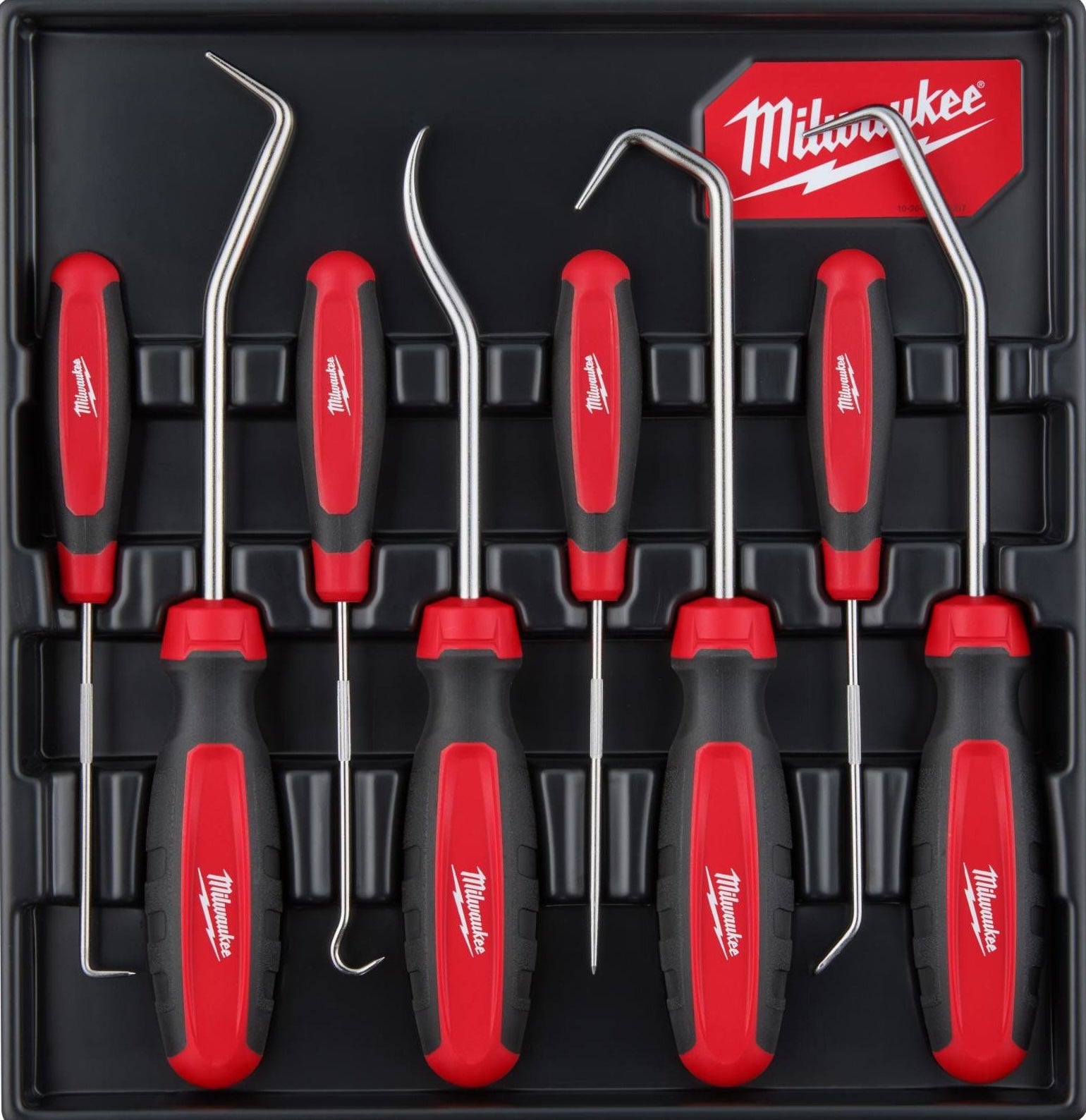 Set of eight precision hook and pick tools with red and black ergonomic handles for home improvement tasks