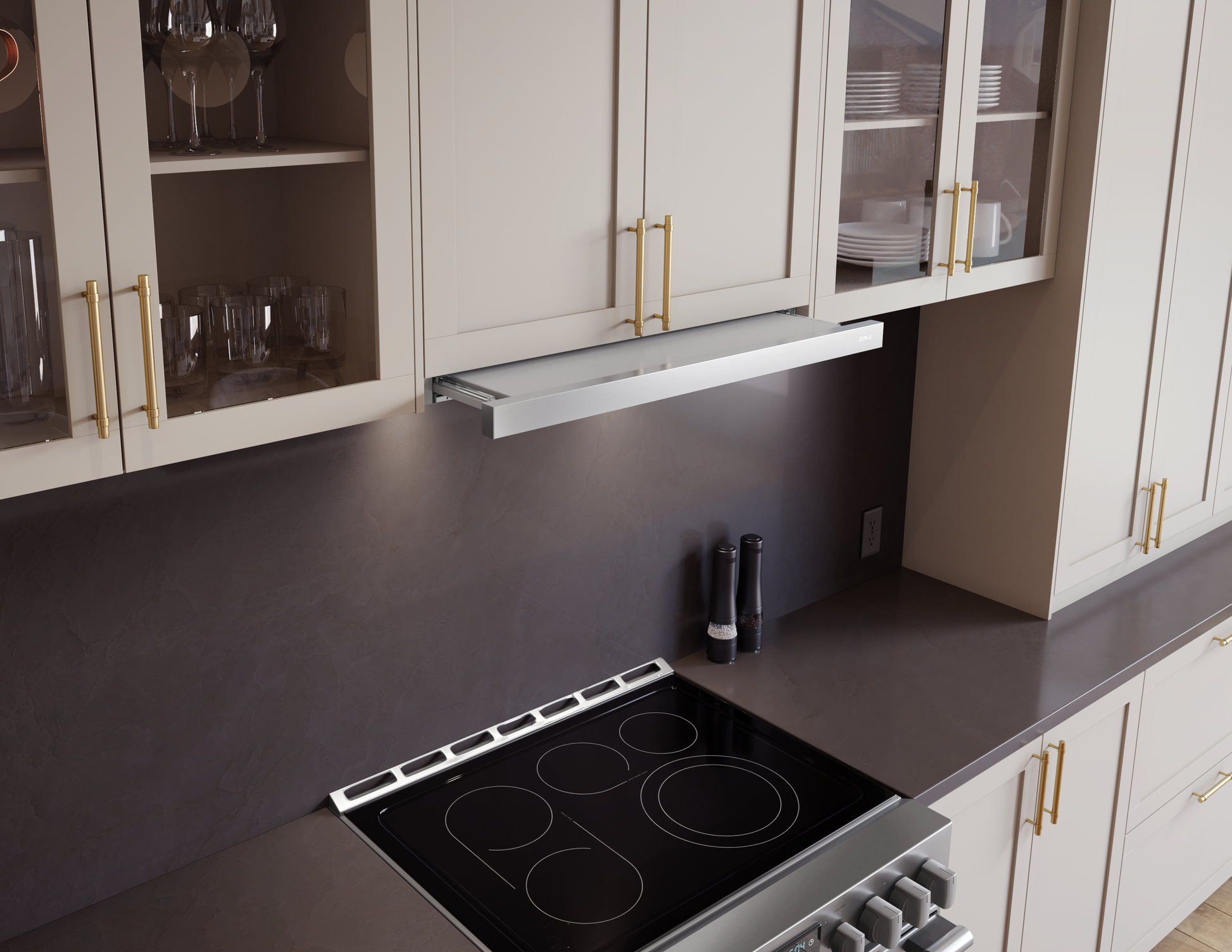 Under-cabinet stainless steel range hood with retractable visor and built-in LED lighting in modern kitchen setting
