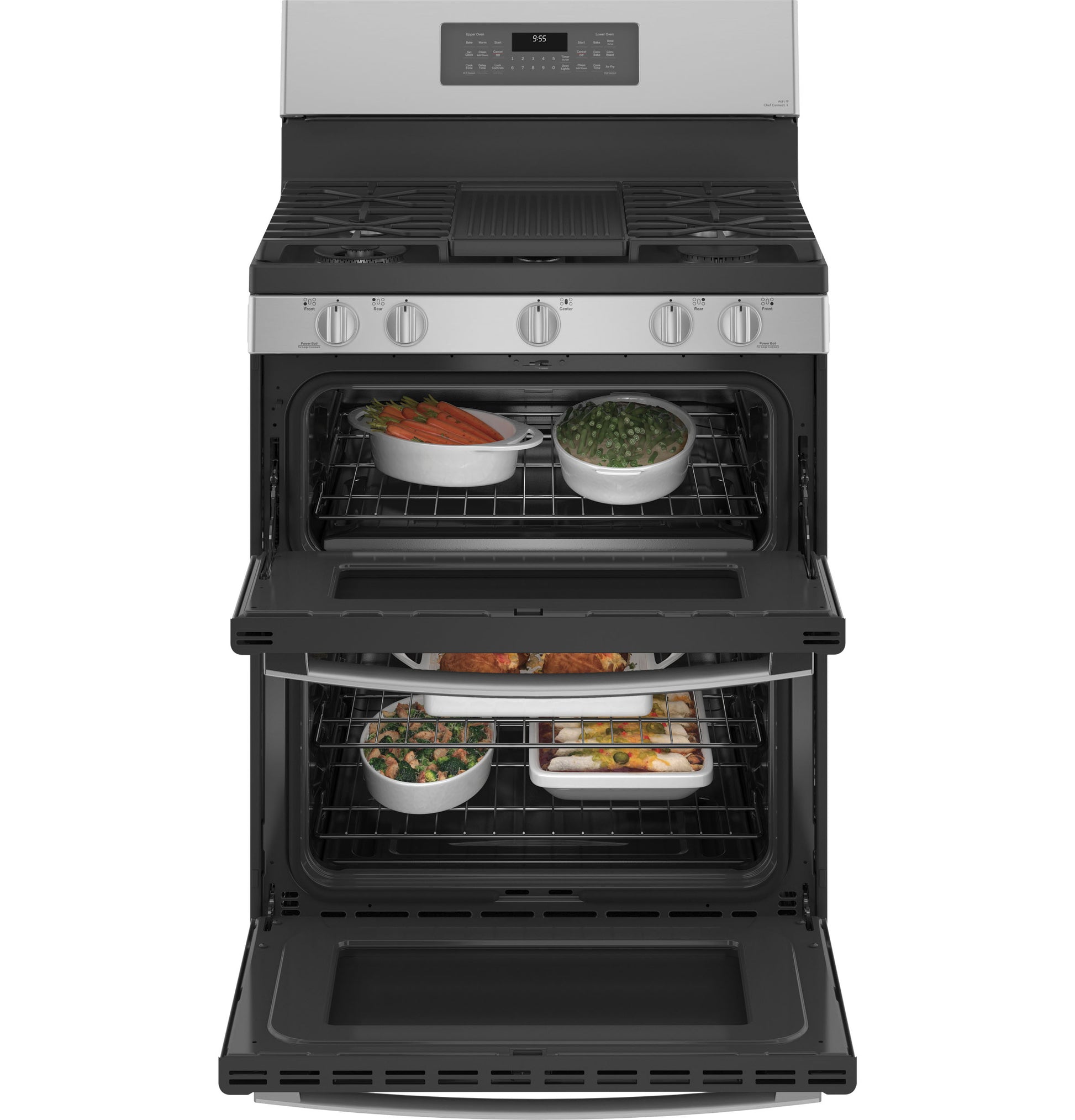Free-standing gas range with double ovens, convection cooking, and fingerprint resistant stainless steel finish from ranges collection