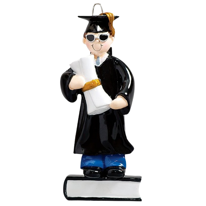 Brown-haired male graduate ornament wearing cap and gown holding diploma, festive Christmas tree decoration under $50