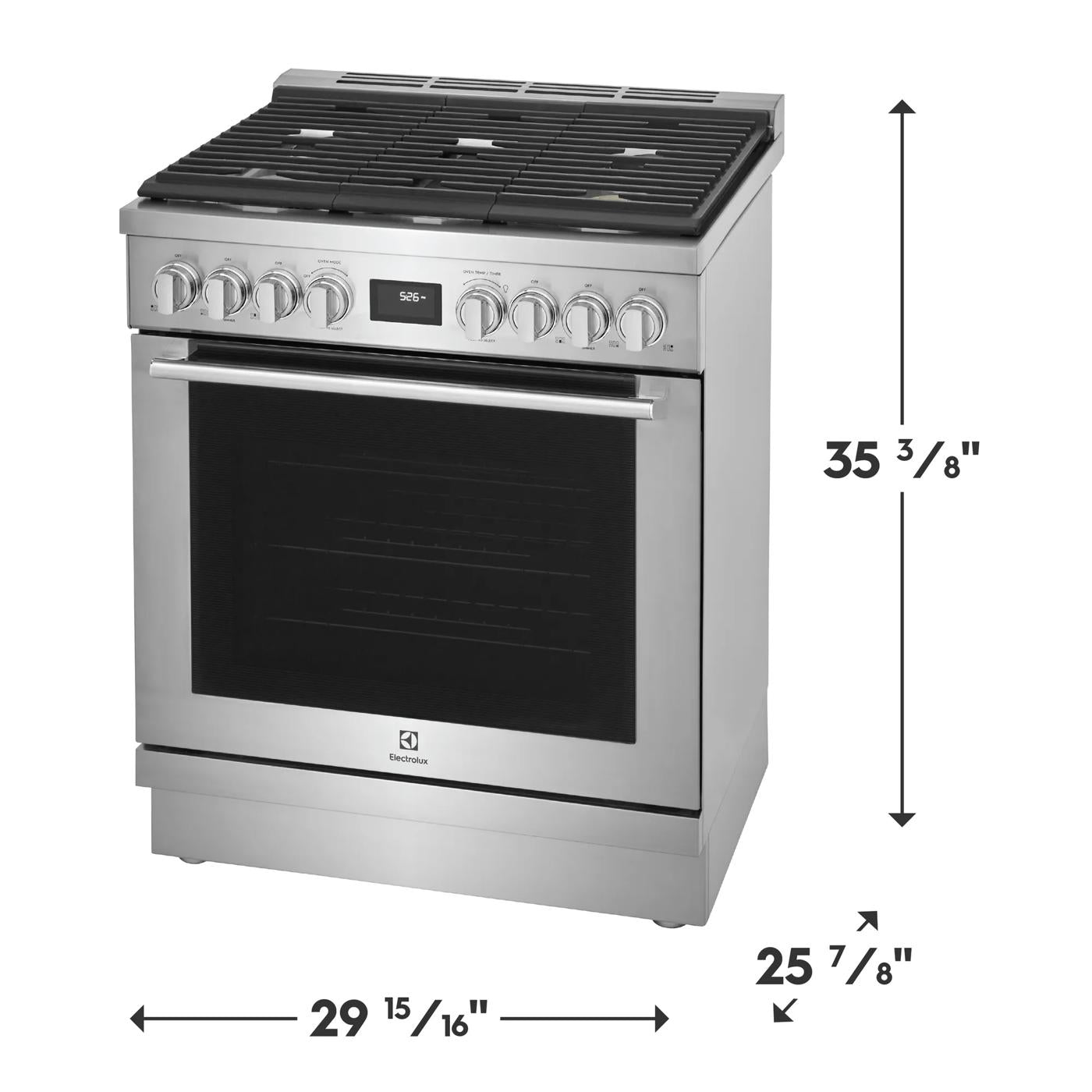 Stainless steel 30-inch dual-fuel freestanding range with six burners and digital display in kitchen appliance collection