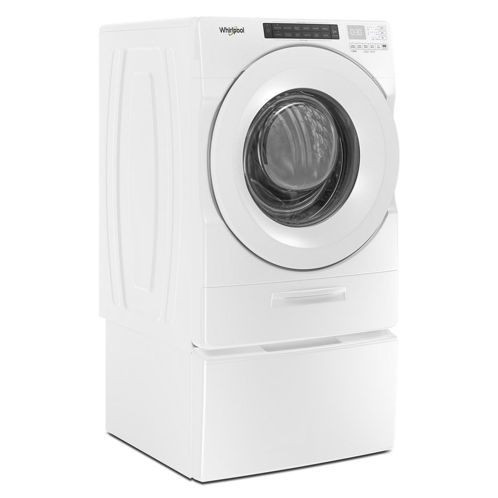 White front load washer elevated on a storage pedestal in Appliance Parts & Accessories and Laundry Pedestals collections