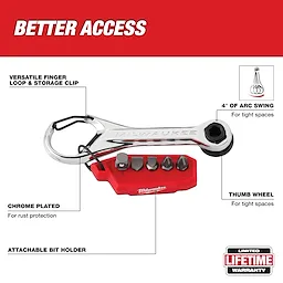 Compact chrome-plated multi-bit mini ratchet with attachable bit holder and thumb wheel for tight spaces in home improvement tasks