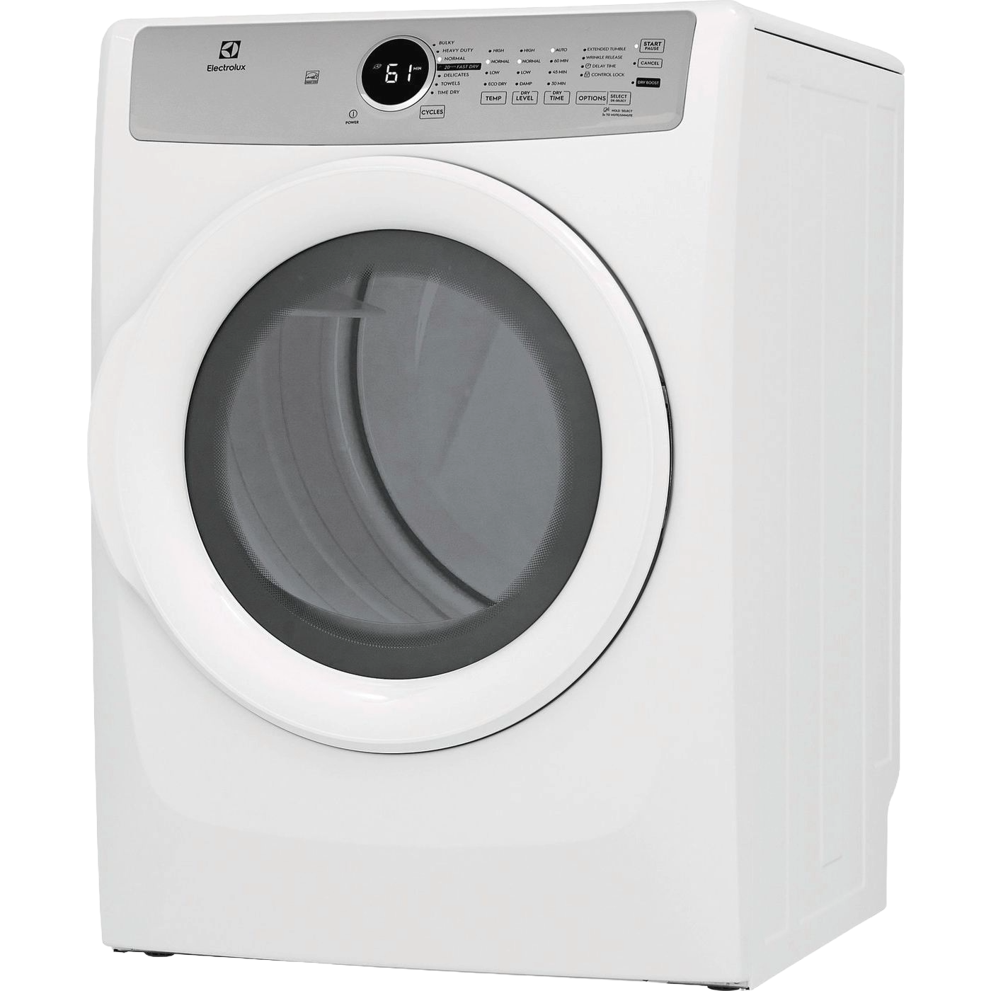 White front load gas dryer with round door and digital control panel from Dryers and Appliances collections