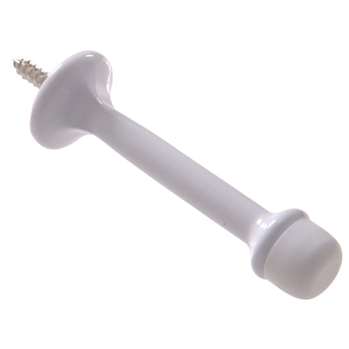White rigid door stop with screw mount and protective tip for wall and door protection in home improvement projects