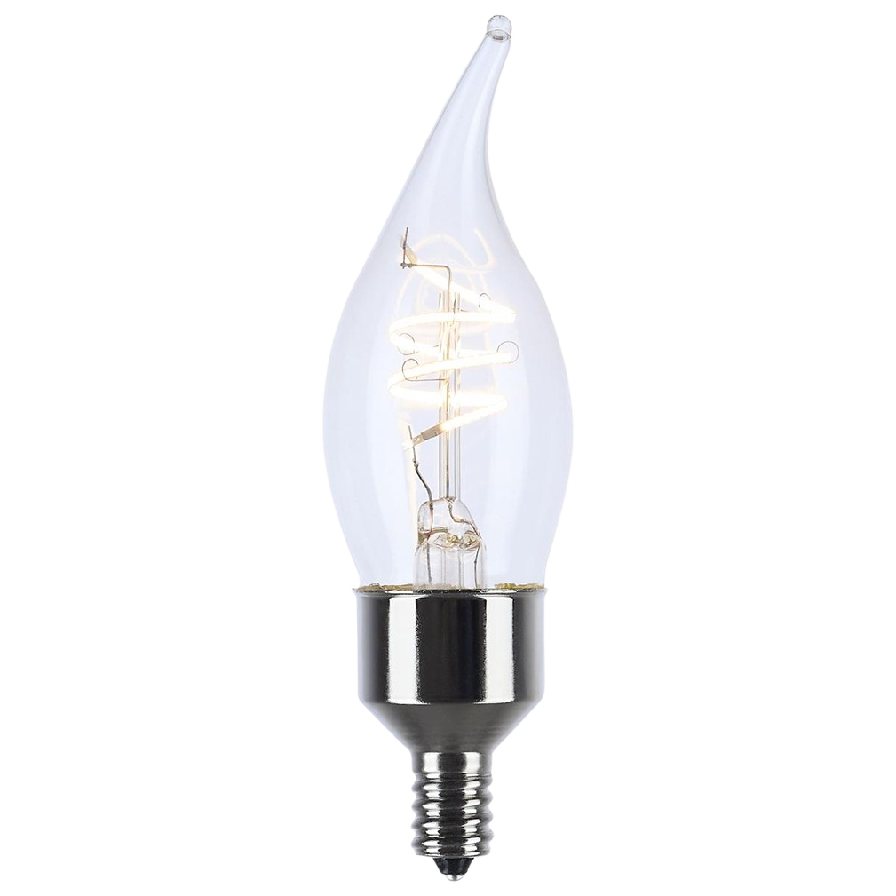 Clear flame-shaped LED bulb with spiral filament and silver candelabra base for lighting and electrical use under $50 collections