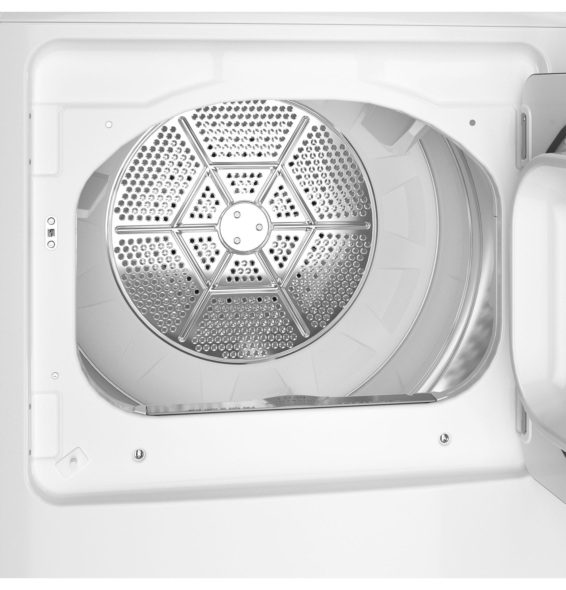 Inside view of a white gas dryer drum with perforated metal back panel from Dryers and Appliances collections