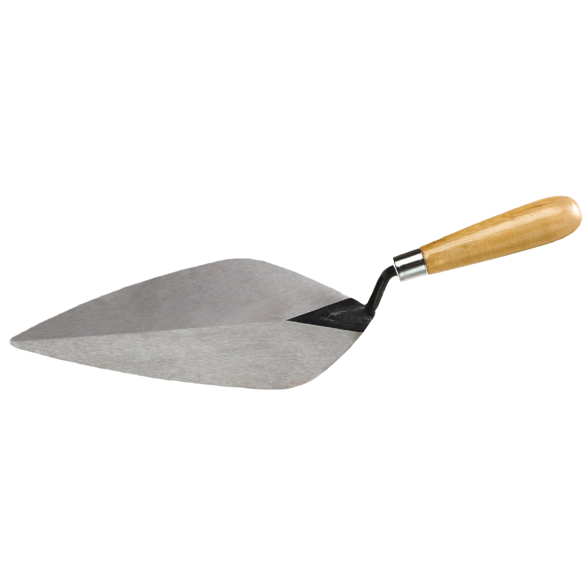 Triangular metal brick trowel with smooth wooden handle for masonry and home improvement tasks