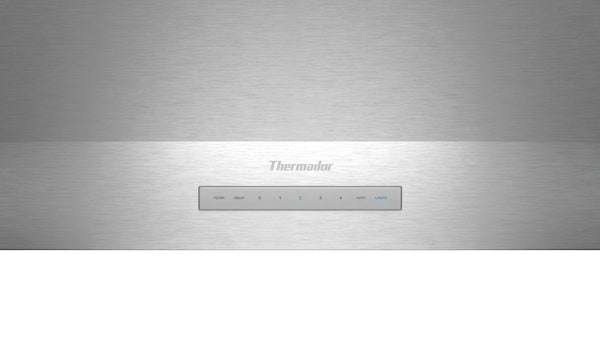 Close-up of stainless steel wall-mounted range hood control panel with touch buttons from Thermador appliances collection