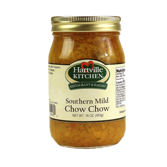 Glass jar of Hartville Kitchen Southern Mild Chow Chow relish with gold metal lid, preserved goods in food collection