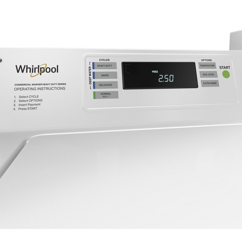 White commercial top-load washer control panel with coin-operated price display and cycle option buttons in appliances collection