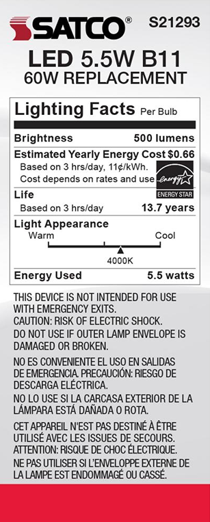 Energy Star LED bulb label showing 5.5 watt B11 replacement with 500 lumens brightness and 4000K cool light