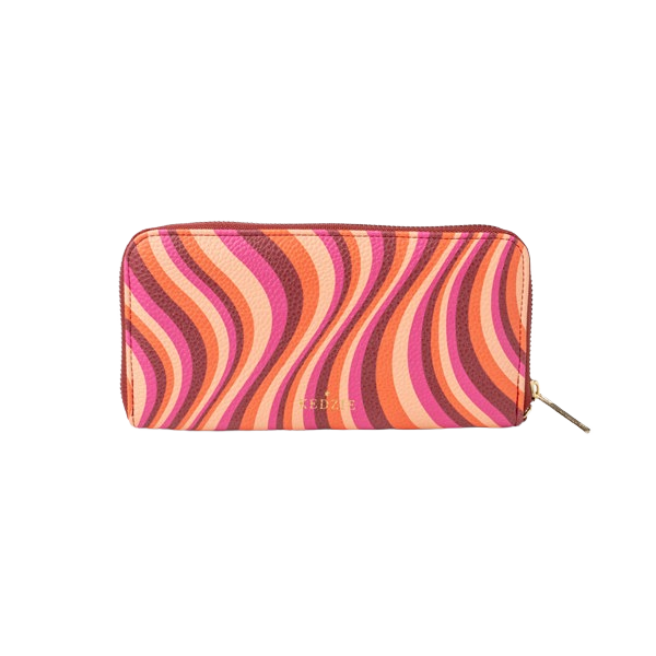 Zip-around clutch with vibrant pink, orange, and brown wavy pattern and goldtone zipper, part of accessories under $50 collection