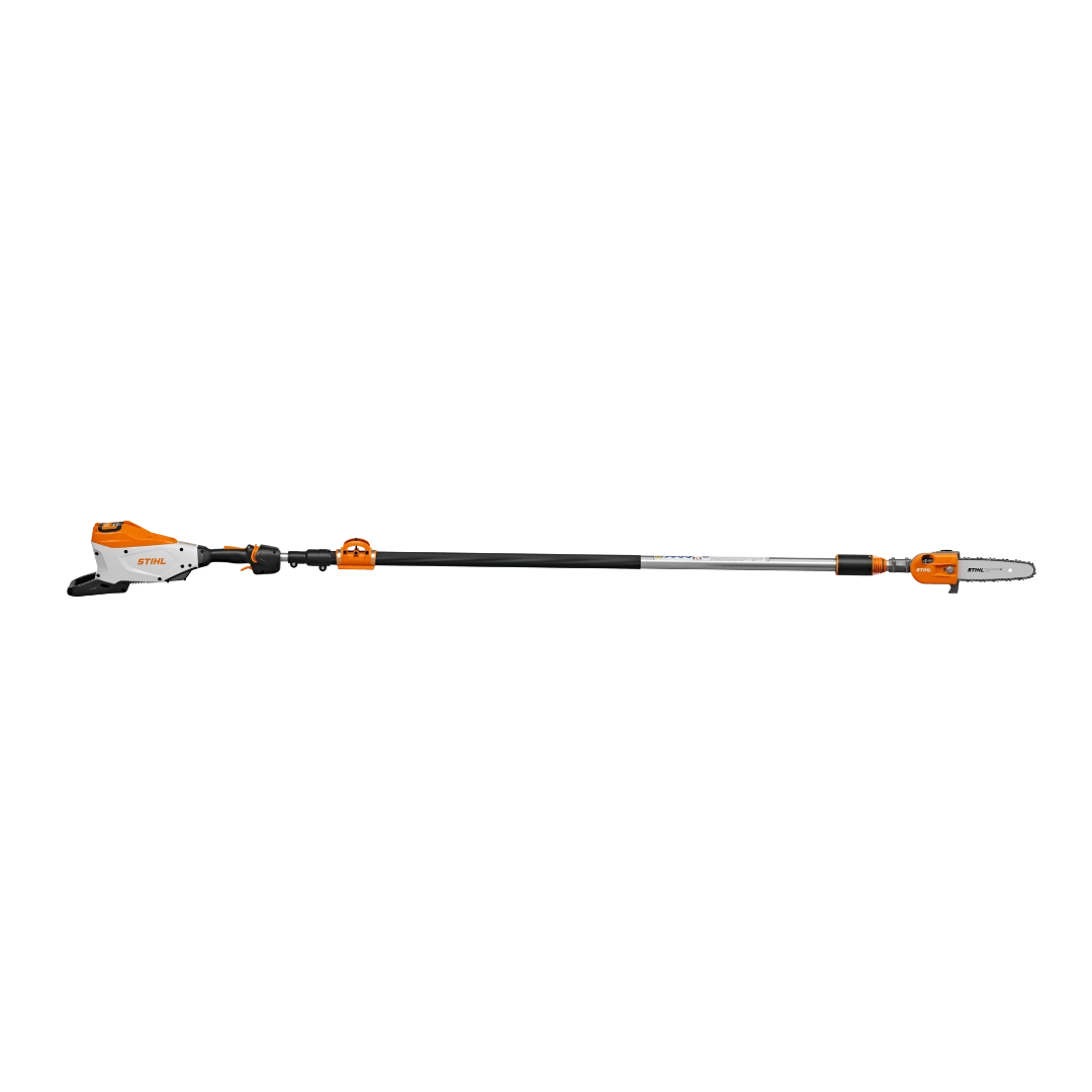 Battery-powered pole pruner with extendable shaft and cutting head for efficient tree trimming in home improvement projects