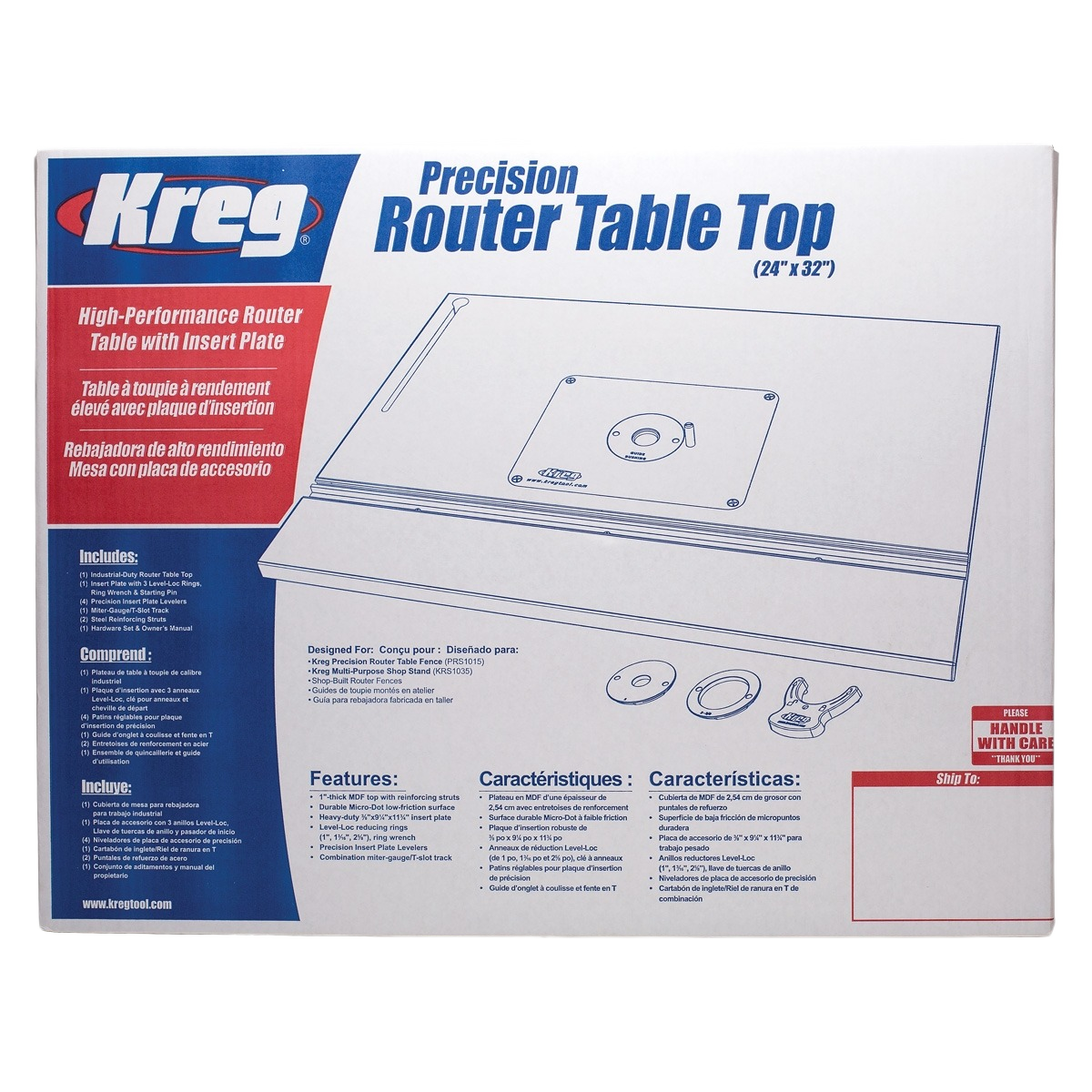 Packaging box for Kreg Router Table Top woodworking tool accessory with product details and diagrams in blue and red design
