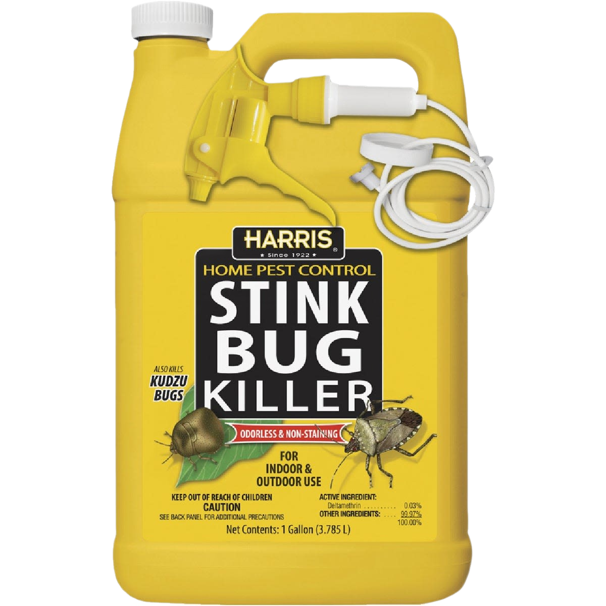 Yellow jug of outdoor and indoor insect control spray for stink bugs and other pests in lawn and garden collection