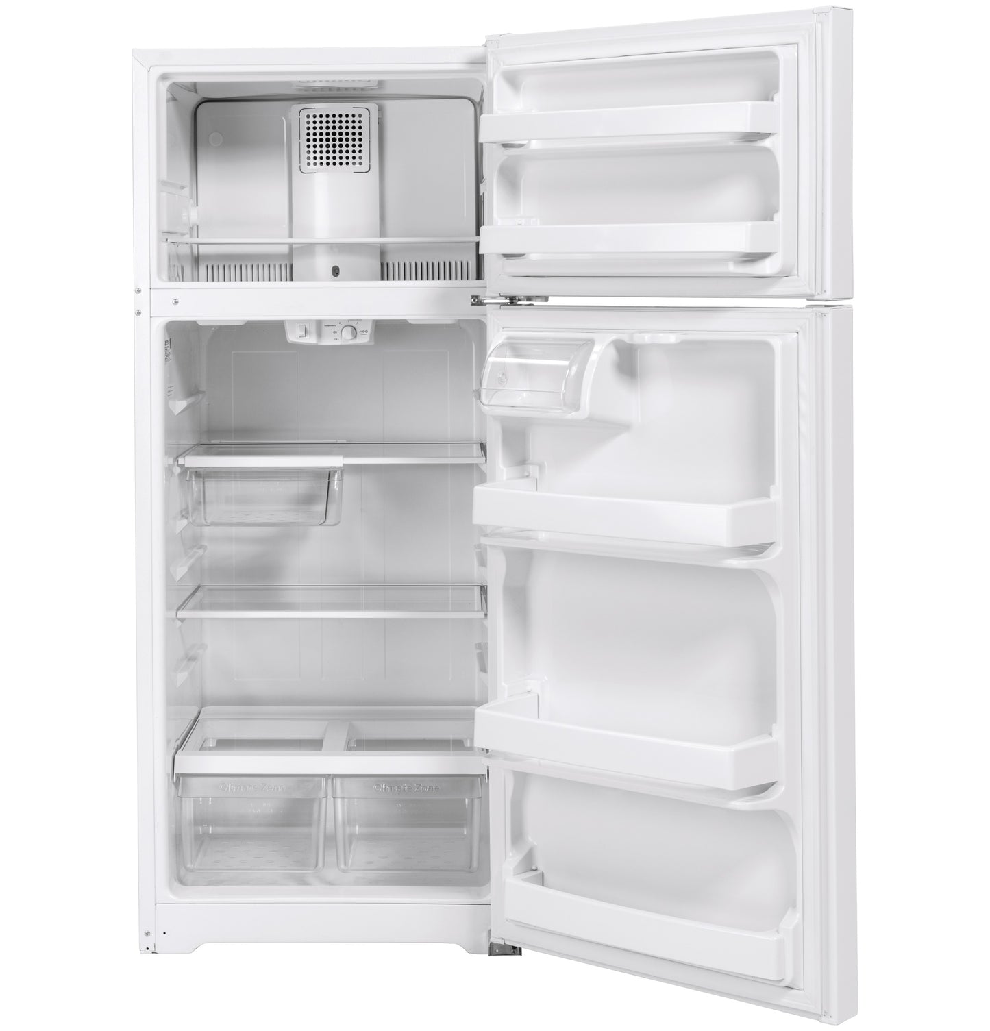 Open white top-freezer refrigerator with adjustable shelves and door bins in kitchen appliances collection