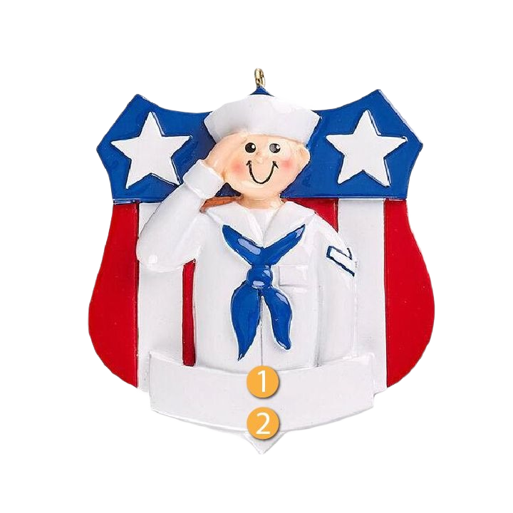 Navy male figurine saluting in white uniform with blue tie in patriotic shield Christmas ornament under $50 collection