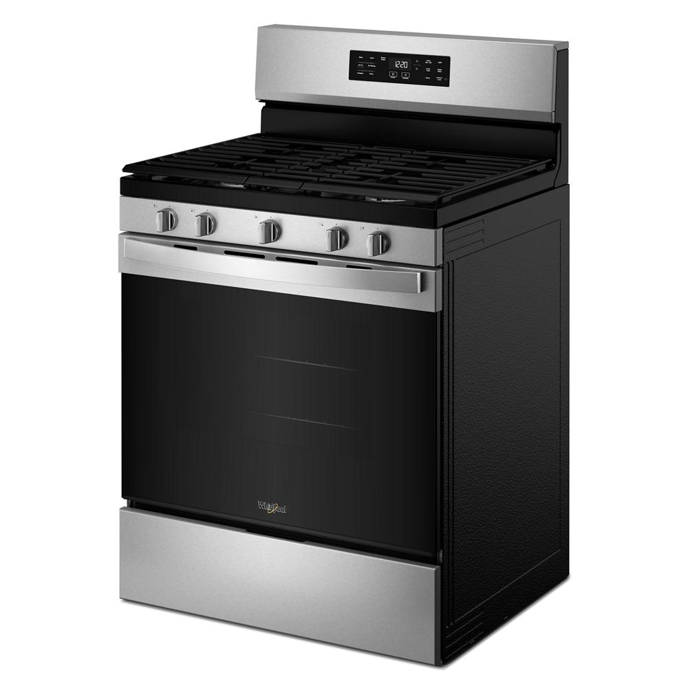 30-inch stainless steel gas range with digital control panel and five knobs in kitchen appliances collection