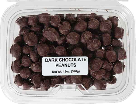 Clear plastic container filled with dark chocolate-covered peanuts for candy and food & beverage snacks under $25