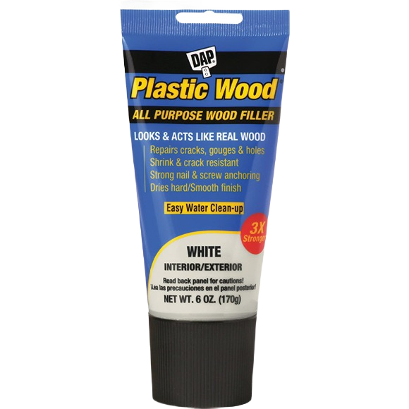 Tube of white all purpose wood filler for repairing cracks and holes with smooth finish in home improvement projects