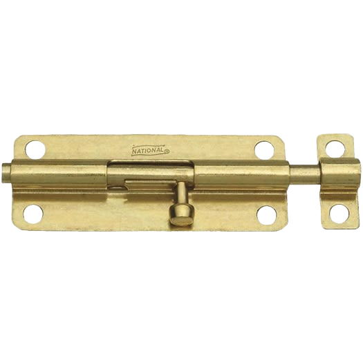 Brass-finished steel door bolt with sliding latch and mounting holes for home improvement and security tasks