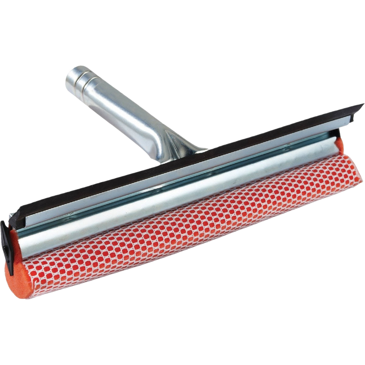 Red nylon scrubber with metal handle and rubber squeegee blade, cleaning tool for streak-free window and surface care