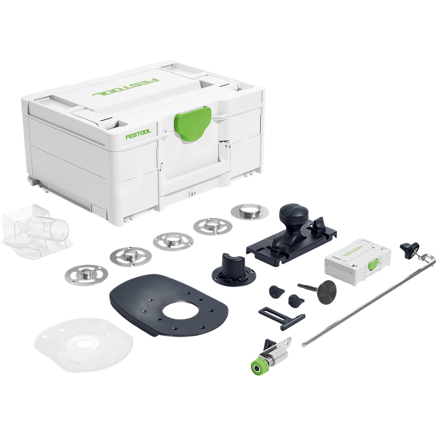 Compact Festool accessories set with storage case and various routing and woodworking tool components for home improvement