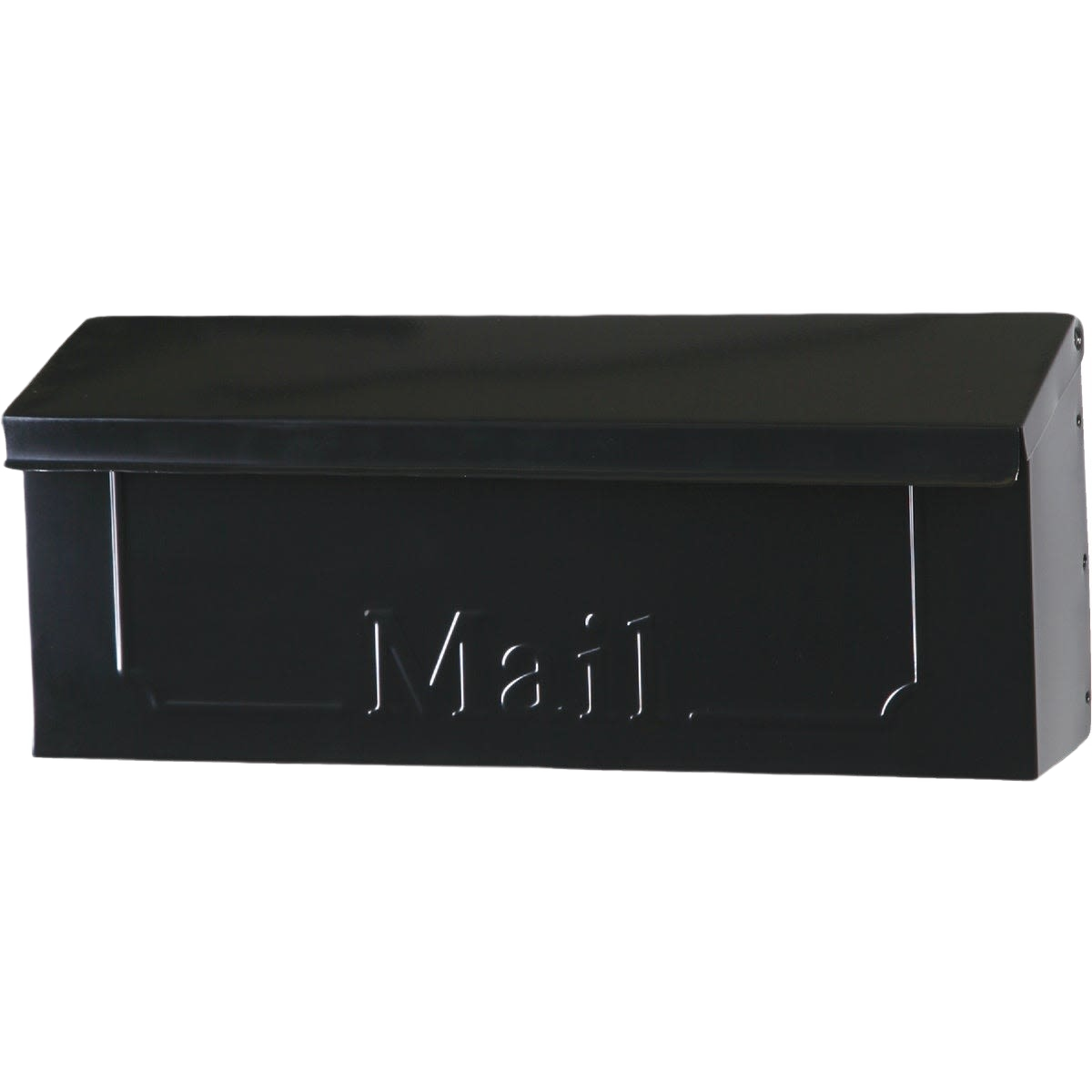 Black horizontal metal mailbox with embossed "Mail" lettering for tools and home improvement use