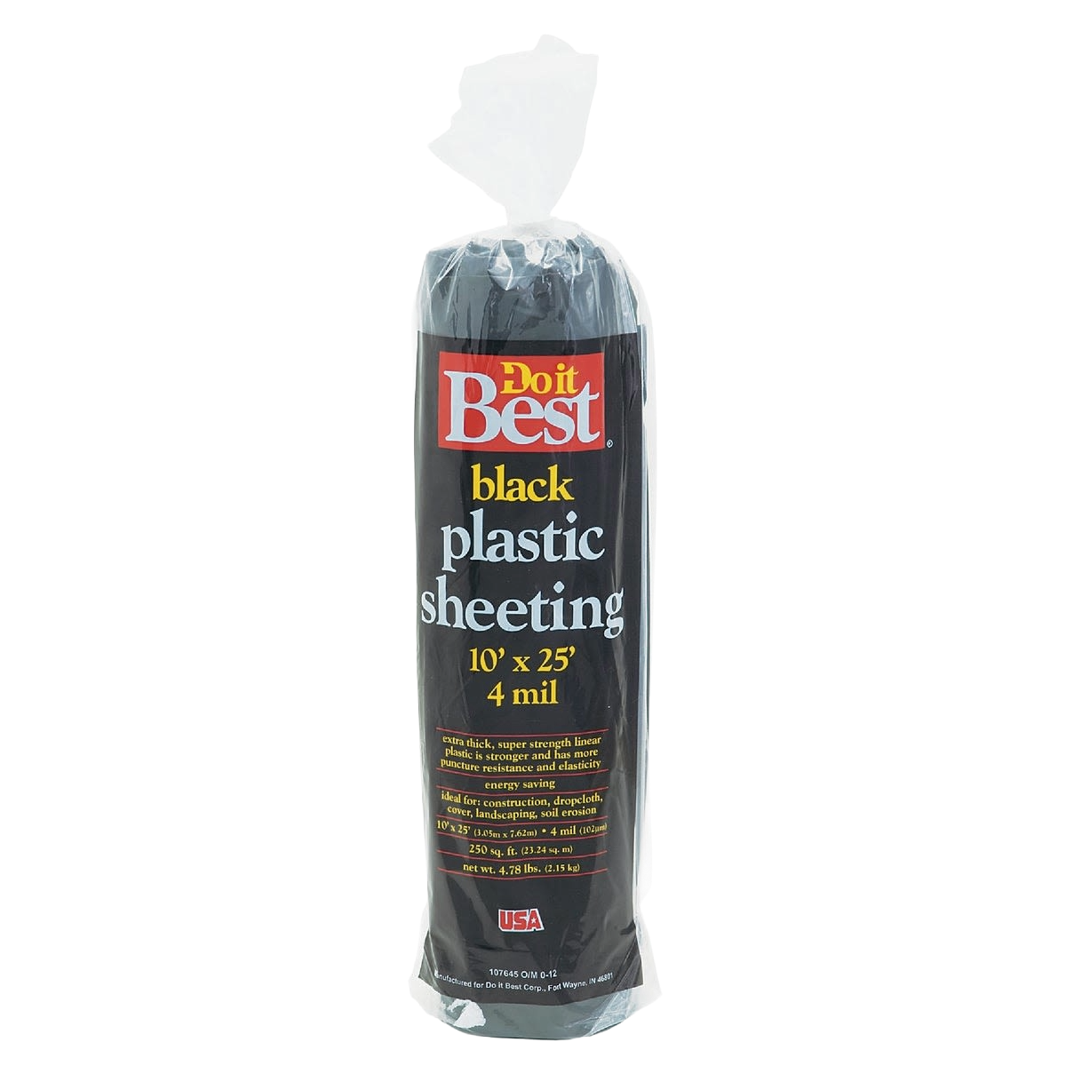 Roll of black plastic sheeting with packaging label showing dimensions and thickness for home improvement projects