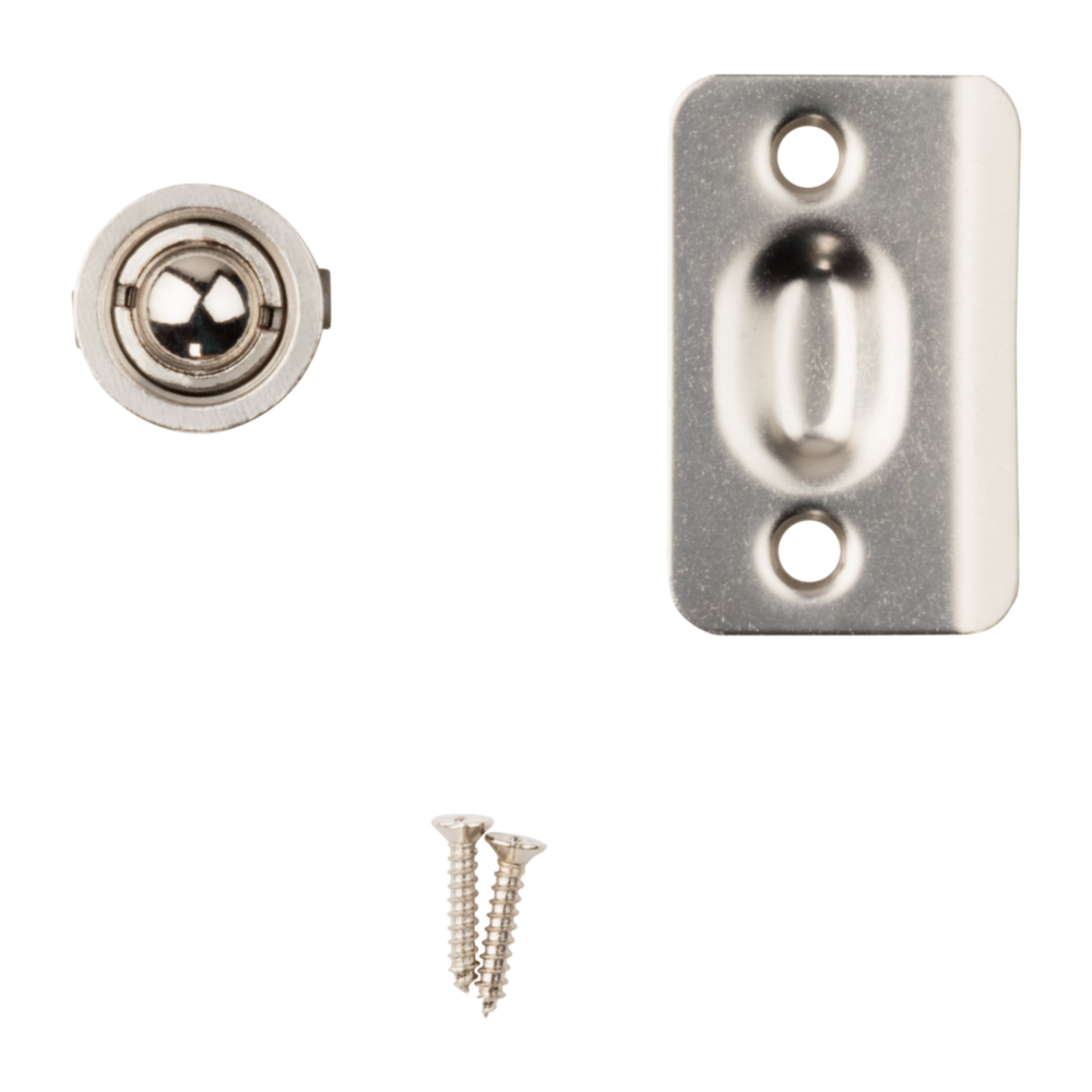 Satin nickel finish drive-in ball catch set with strike plate and screws for home improvement applications