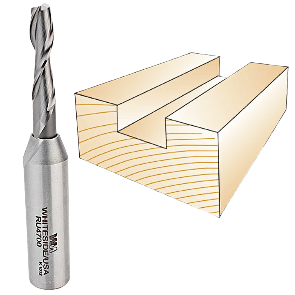 Silver spiral upcut bit next to wooden block with deep groove, for efficient chip clearance in power tool accessories collection