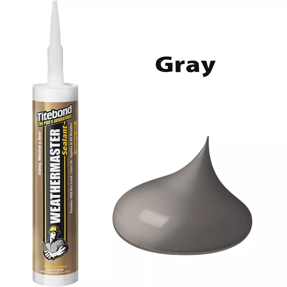 Gray polymer sealant bead next to a tube of Titebond WeatherMaster for home improvement projects