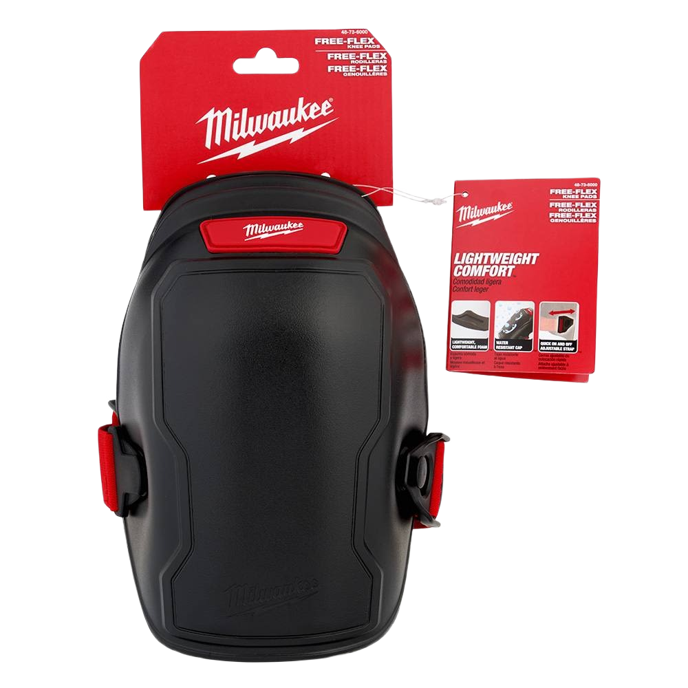 Black and red Milwaukee Free-Flex knee pad with hard outer shell and adjustable side straps for tool use protection