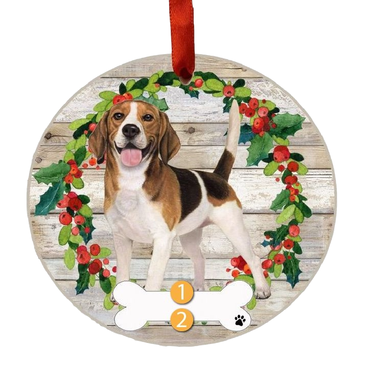 Round Christmas ornament featuring a happy Beagle surrounded by festive holly on rustic wood background