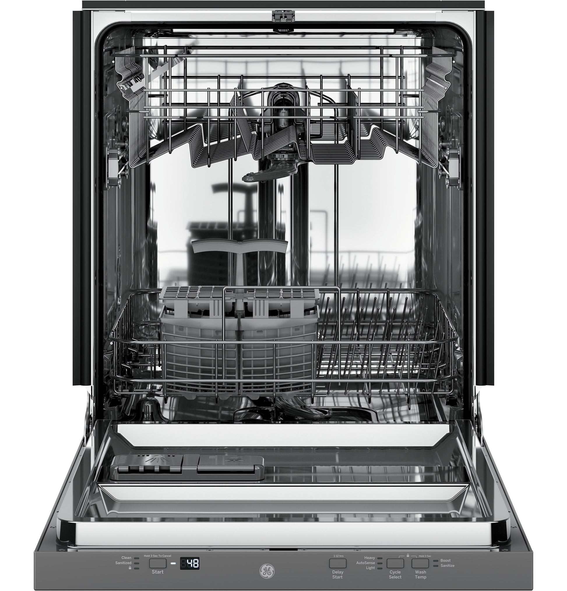 Open stainless steel interior dishwasher showing adjustable racks and utensil holder from kitchen appliances collection