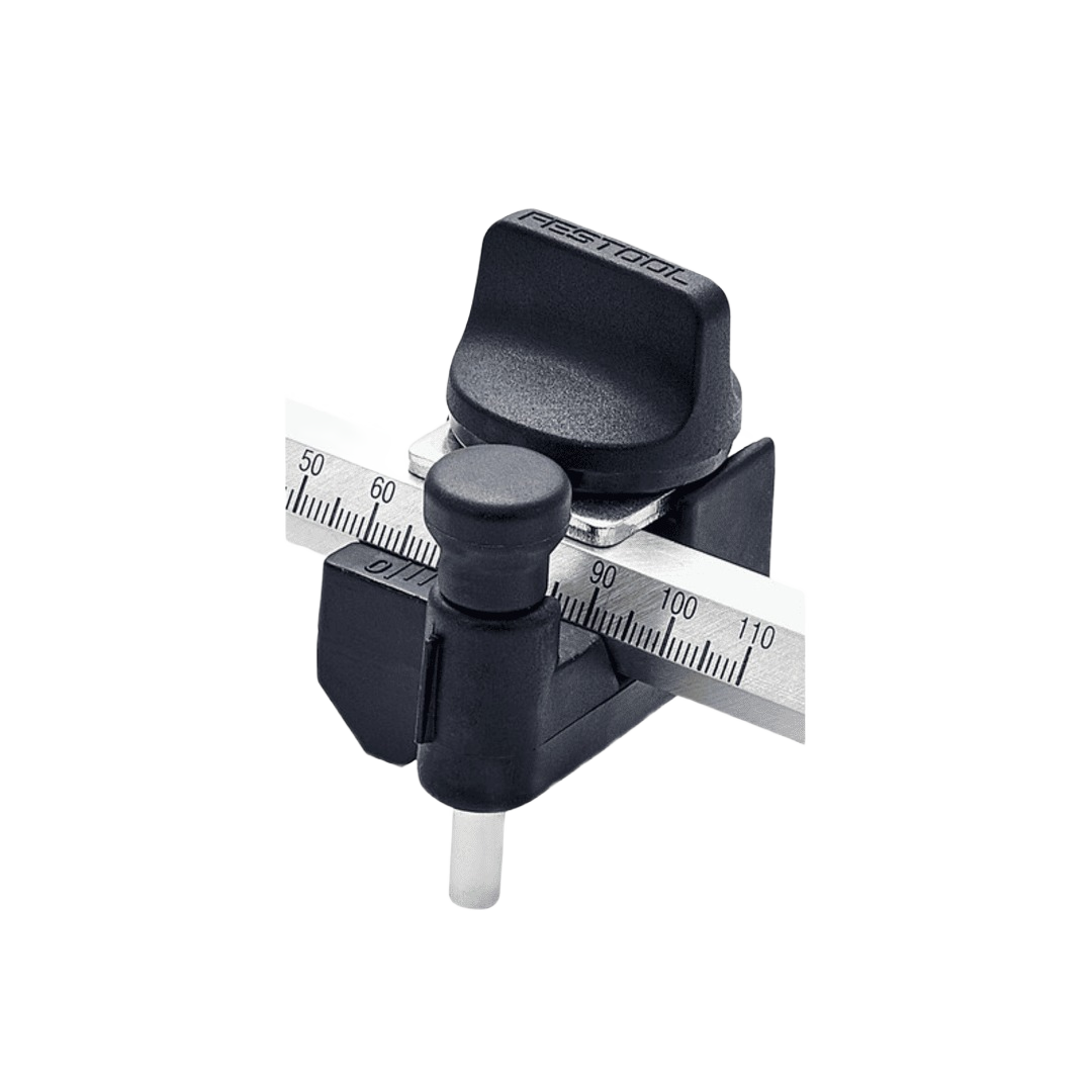 Compact black sliding stop flag with integrated ruler for precise positioning in woodworking tool accessories collection
