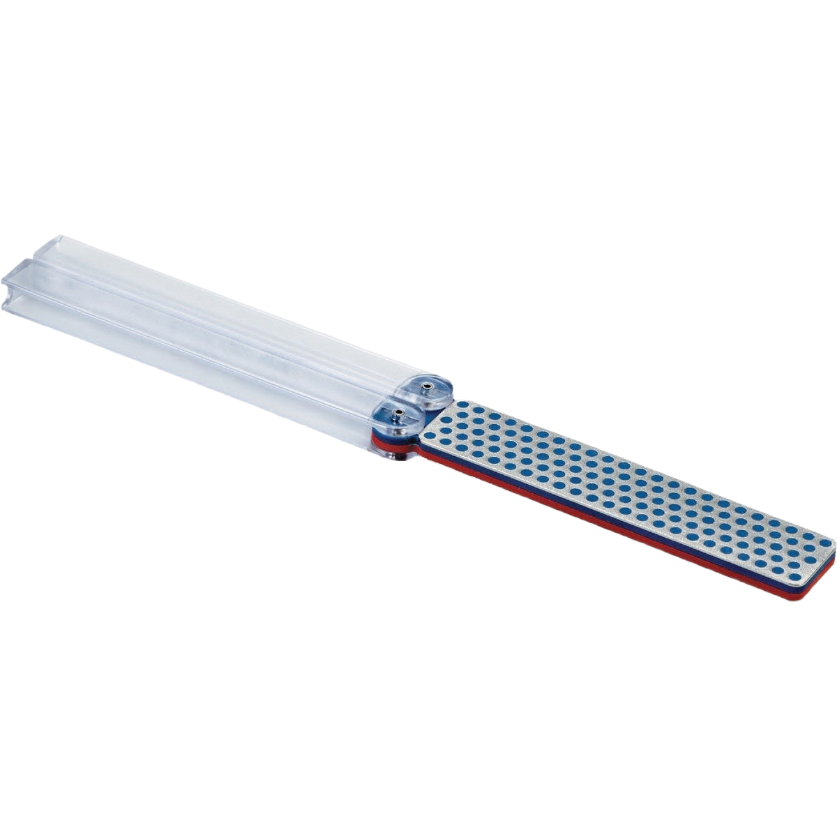 Blue fine and coarse double-sided diamond tool sharpener with protective clear plastic case for home improvement tasks