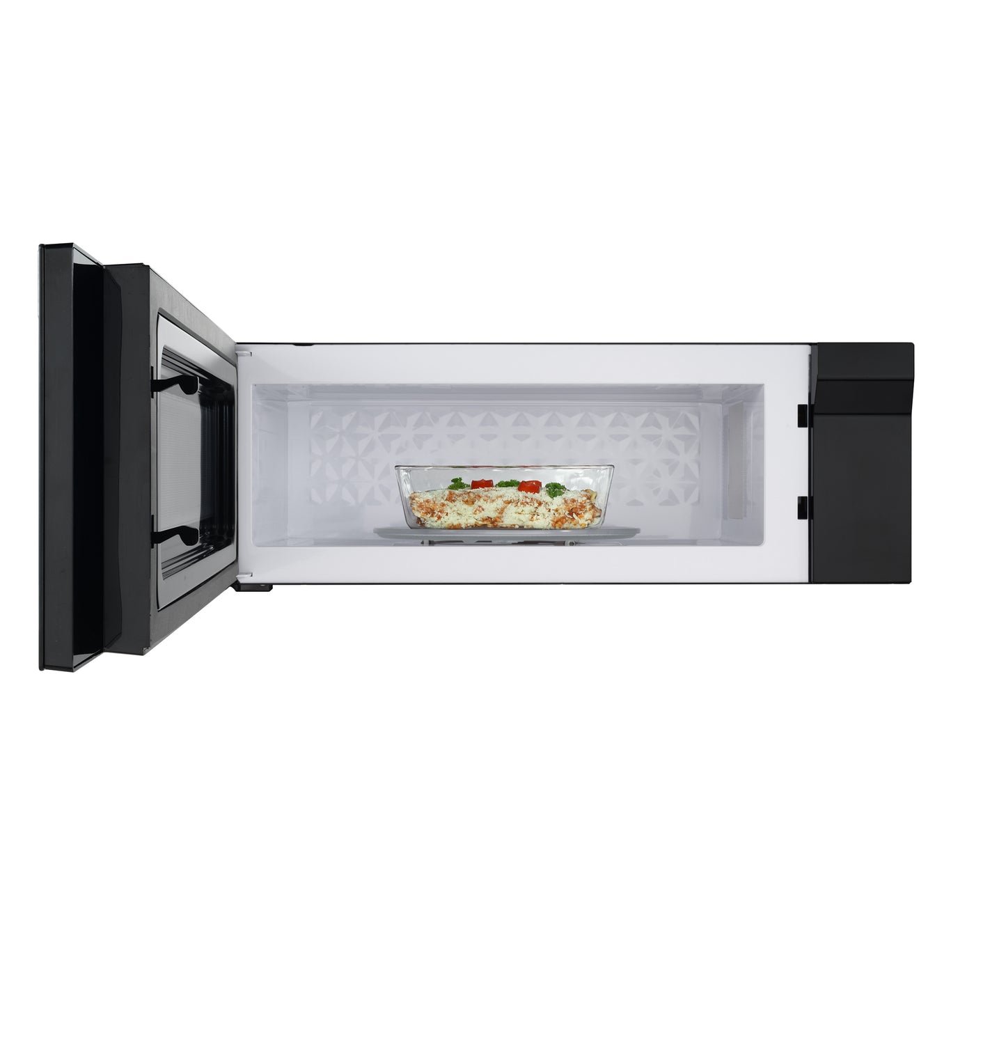 Open black and stainless steel low profile microwave oven with baked casserole inside from kitchen appliances collection