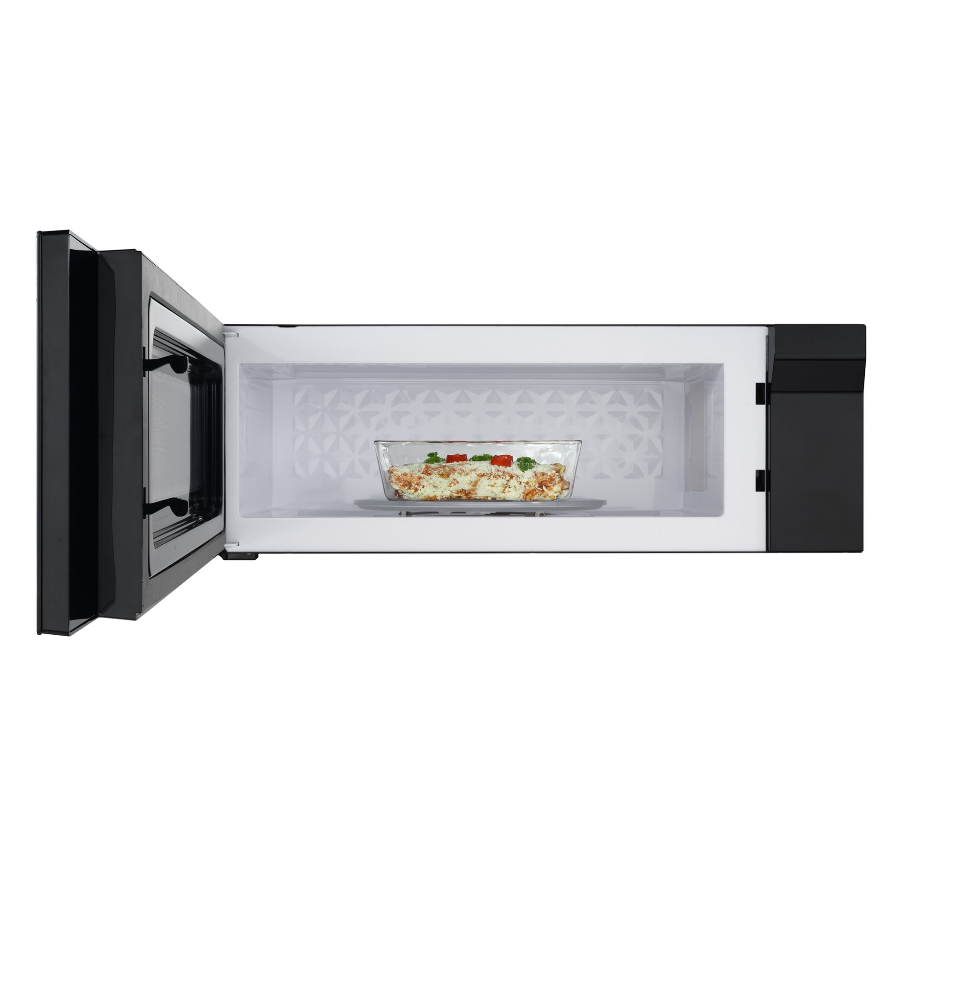 Open black and stainless steel low profile microwave oven with baked casserole inside from kitchen appliances collection