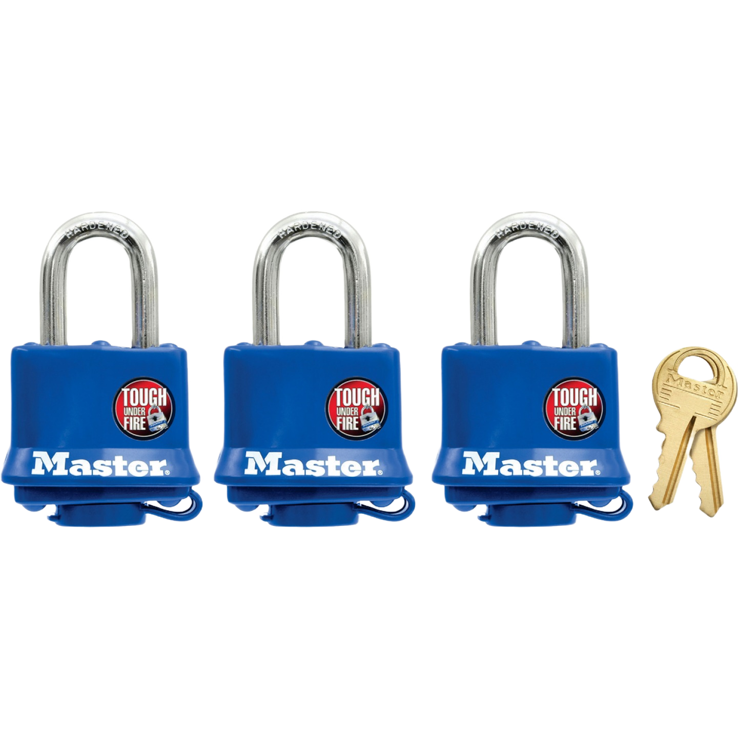 Three blue laminated steel padlocks with silver shanks and two brass keys for home improvement use
