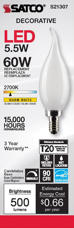 Decorative LED light bulb with candelabra base, warm white 2700K color, 500 lumens, and energy-efficient design for home improvement