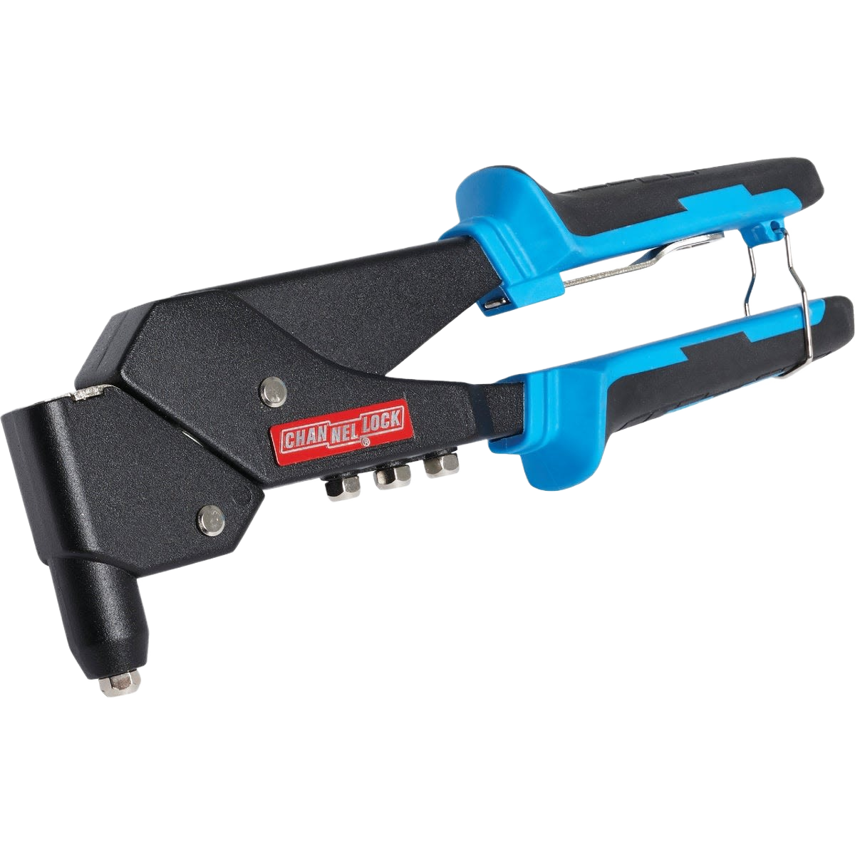 Swivel head rivet tool with ergonomic blue and black handles for fastening tasks in tools and home improvement projects