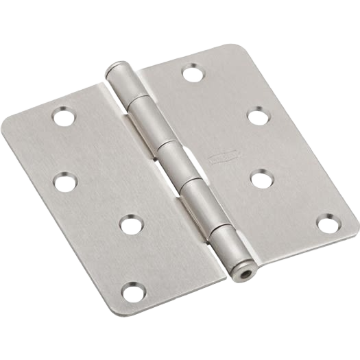 Satin nickel door hinge with 1/4 inch radius corners, removable pin, for interior door hardware and home improvement use