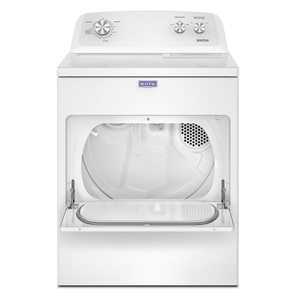 Front view of white top load electric dryer with hamper door open in dryers and appliances collection