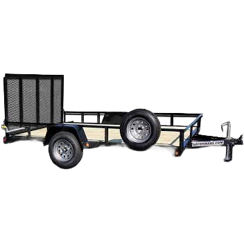 Black steel single axle utility trailer with mesh tailgate, wood floor, and spare tire mounted on the side, designed for hauling and rental equipment at Hartville Hardware.