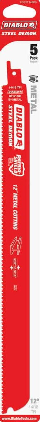 Red bi-metal saw blade for medium metal cutting with 14/18 teeth per inch, part of tool and saw accessories.